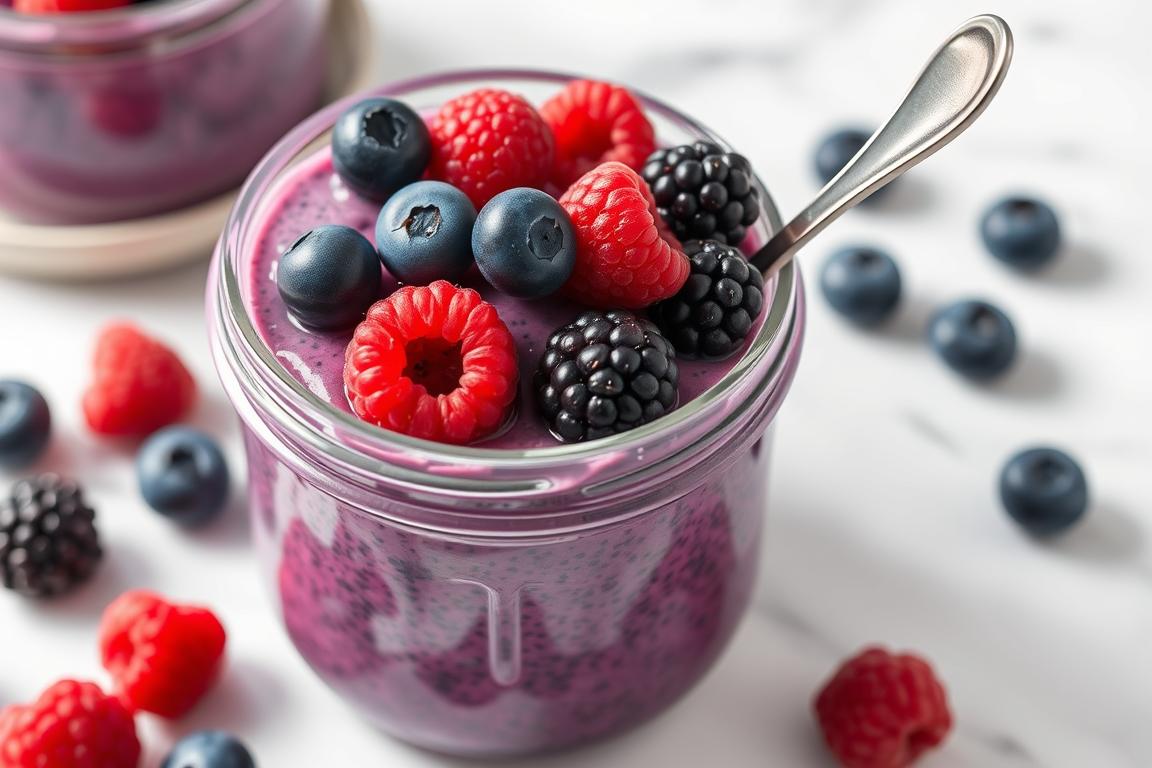 Mixed Berry Healthy Chia Pudding Recipe with fresh berries on top